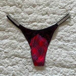 Victoria’s Secret red plaid black lace shine strap thong NWT